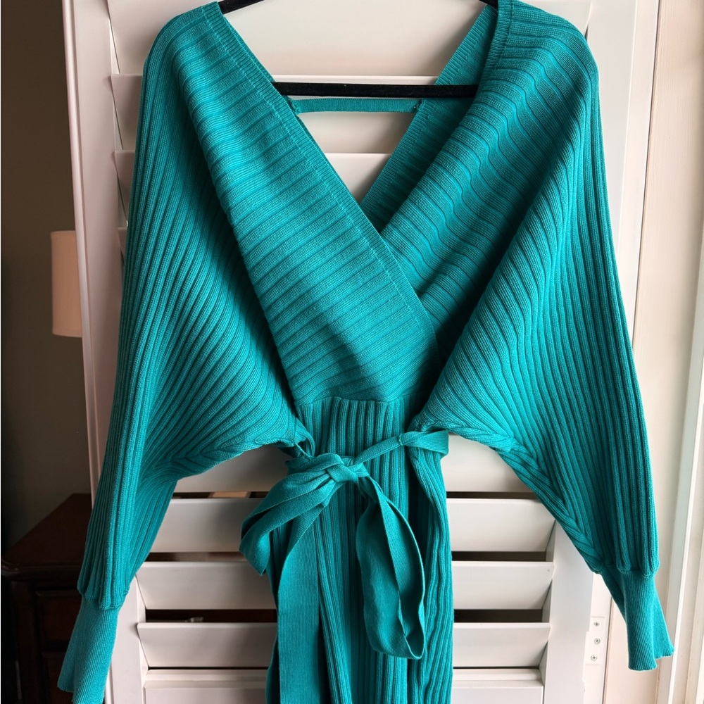 Teal Ribbed Wrap Dress